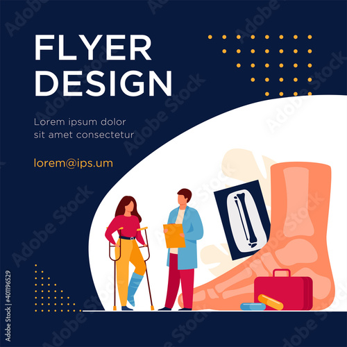 Podiatrist examining ankle and foot of female patient. Woman on crutches with plaster on leg consulting doctor with X ray. Vector illustration for treatment, podiatry, disease, health care concept