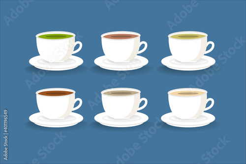 set of different green teas in cute cartoon white cups with saucers isolated on blue background vector illustration for web design and printing. 