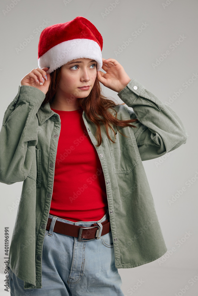 beautiful girl in t-shirt and headdress on gray background cropped view