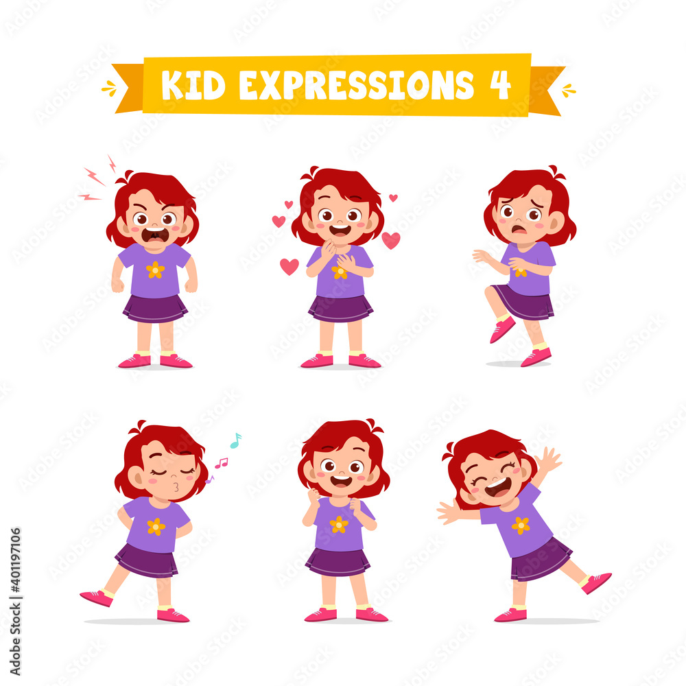 cute little kid girl in various expressions and gesture set cute little kid girl in various expressions and gesture set