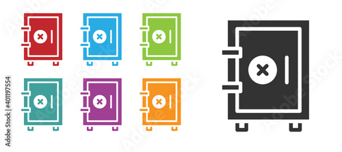 Black Safe icon isolated on white background. The door safe a bank vault with a combination lock. Reliable Data Protection. Set icons colorful. Vector.