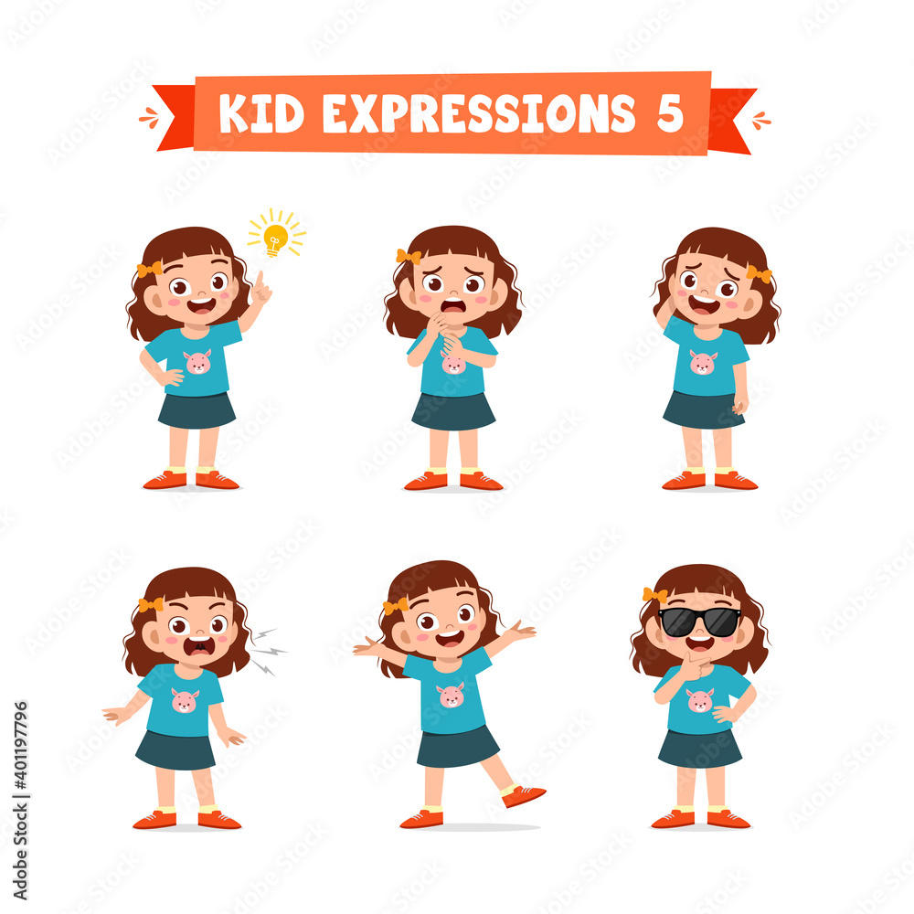 cute little kid girl in various expressions and gesture set