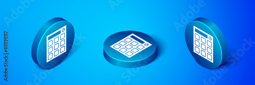 Isometric Drum machine music producer equipment icon isolated on blue background. Blue circle button. Vector.