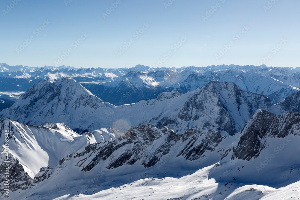 Mountain view from Zugspitze, Bavaria, Germany, wintertime