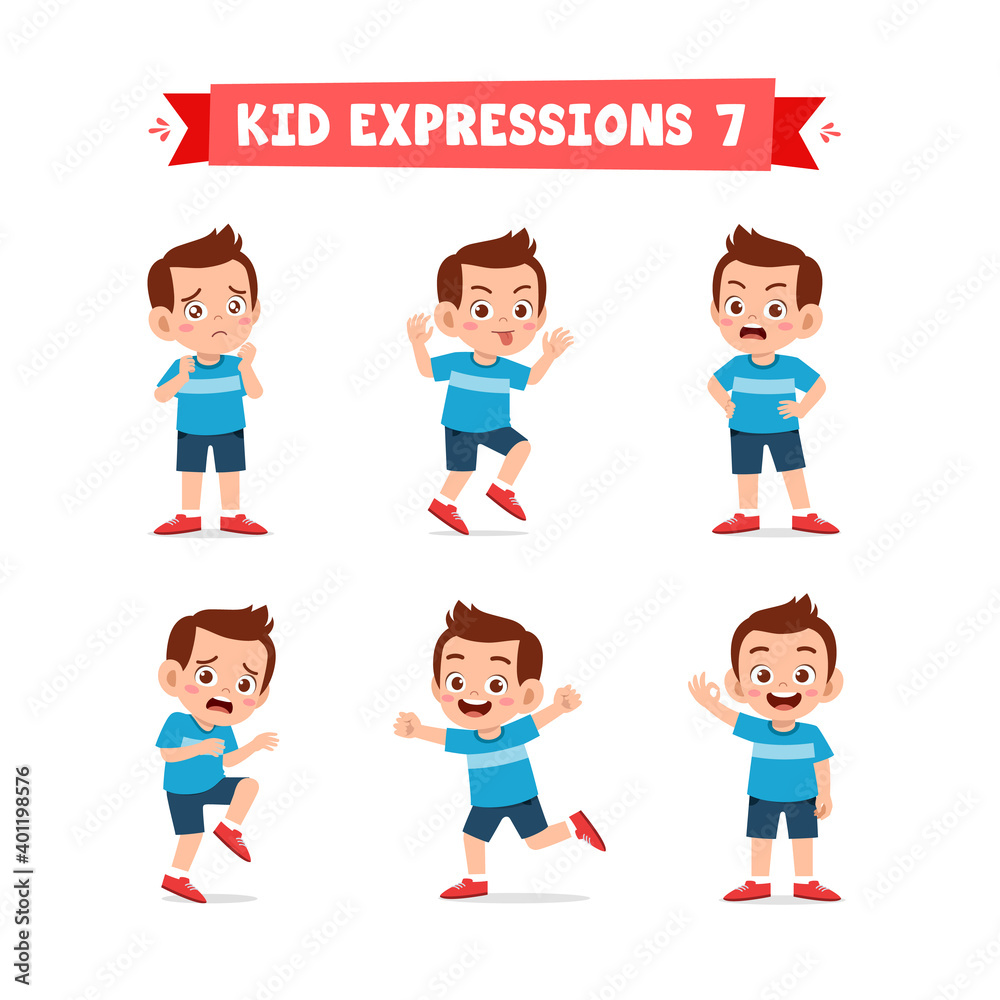 cute little kid boy in various expressions and gesture set cute little kid boy in various expressions and gesture set