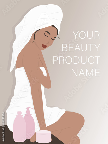 Cheerful young smiling girl in a towel  using body cream after taking a shower, beauty product advertisement, ad mock-up, flat illustration