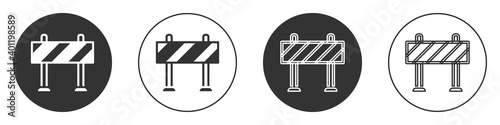 Black Road barrier icon isolated on white background. Symbol of restricted area which are in under construction processes. Repair works. Circle button. Vector.
