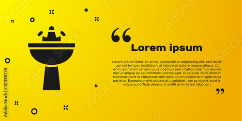 Black Washbasin with water tap icon isolated on yellow background. Vector.