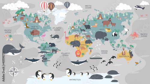 Fototapeta Naklejka Na Ścianę i Meble - The world map with cartoon animals for kids, nature, discovery and continent name, ocean name, countries name. vector Illustration.