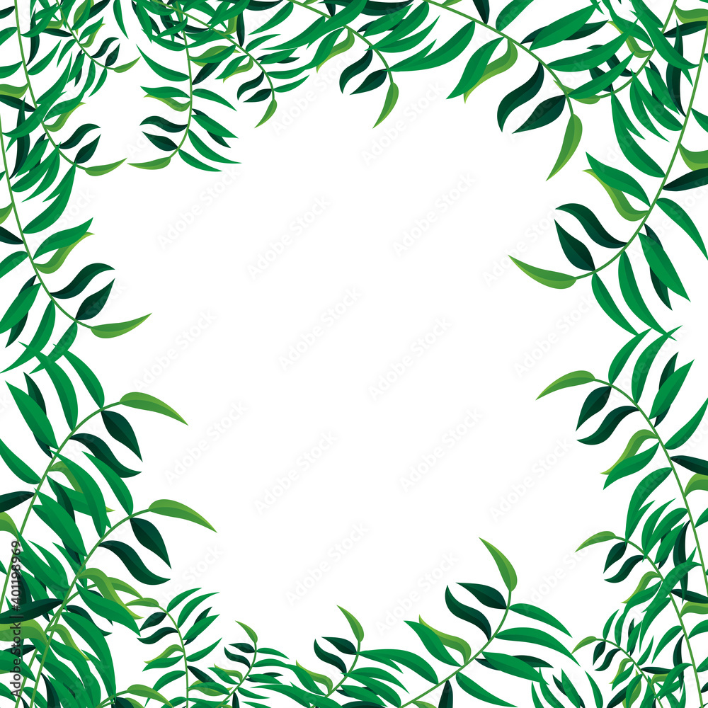 Jungle leaves frame isolated on white background. For poster, placard, backdrop and banner. Useful for flyer, leaflet and wallpaper template. Creative art concept, leaves vector background