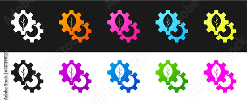 Set Leaf plant ecology in gear machine icon isolated on black and white background. Eco friendly technology. World Environment day label. Vector.