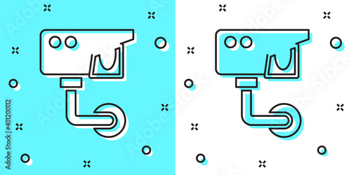 Black line Security camera icon isolated on green and white background. Random dynamic shapes. Vector.