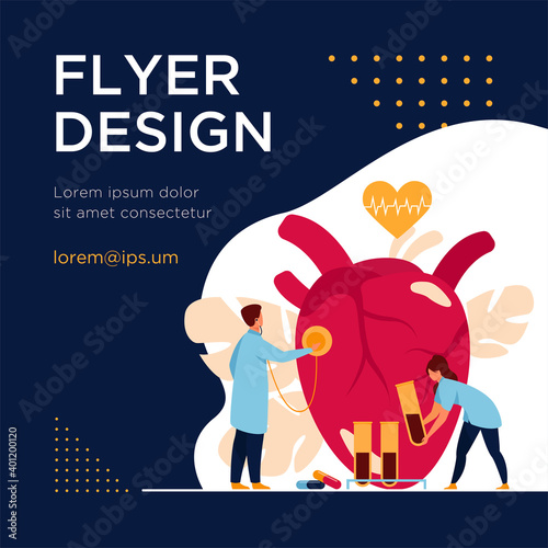 Cardiologists examining heart with stethoscope and blood samples in lab tubes among pills and heartbeat diagram. Vector illustration for cardiology, medical examination, heart disease concept