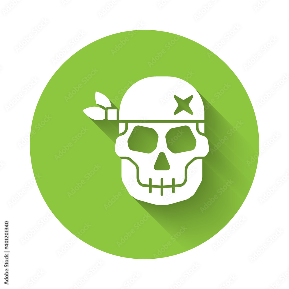 White Skull icon isolated with long shadow. Happy Halloween party. Green circle button. Vector. White Skull icon isolated with long shadow. Happy Halloween party. Green circle button. Vector.