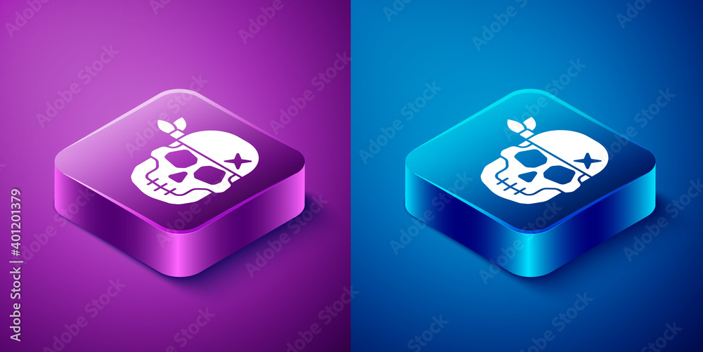 Isometric Skull icon isolated on blue and purple background. Happy Halloween party. Square button. Vector. Isometric Skull icon isolated on blue and purple background. Happy Halloween party. Square button. Vector.