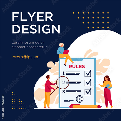 Business people studying list of rules, reading guidance, making checklist. Vector illustration for company order, restrictions, law, regulations concept