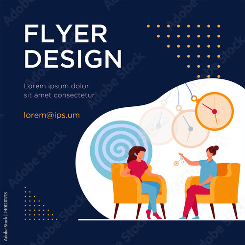 Trance effect on woman during session of hypnosis therapy isolated flat vector illustration. Abstract psychedelic whirlpool and chatelaine watch. Altered state of mind and unconsciousness concept