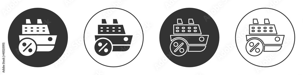 Obraz premium Black Cruise ship icon isolated on white background. Travel tourism nautical transport. Voyage passenger ship, cruise liner. Worldwide cruise. Circle button. Vector.