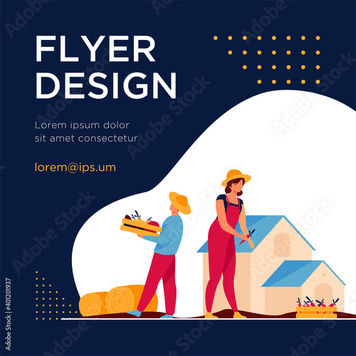 Farmers gathering crops and harvest. Vegetable, carrot, crate flat vector illustration. Agriculture and farm concept for banner, website design or landing web page