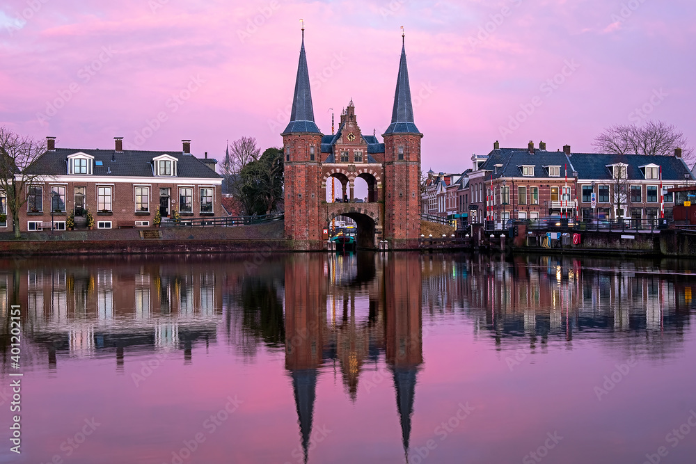 The medieval water gate in Sneek in the Netherlands at sunset
