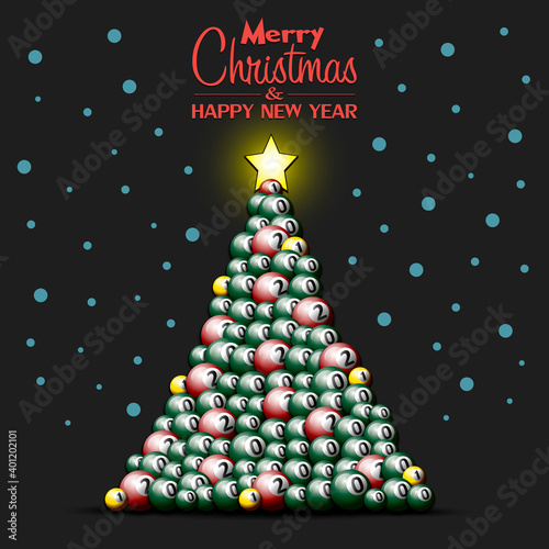 Merry Christmas and Happy New Year. Christmas tree made of billiard balls. Snowflakes on the background. Greeting card design template with for new year. Vector illustration