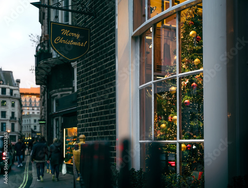 Photography Traditional Christmas Tree in Cosy Room behind Window with British Street Scene