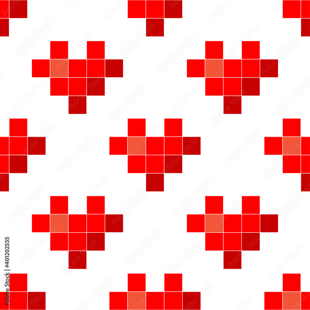 Fototapeta premium Pixel art. The heart icon. Valentine's Day. Cartoon drawings. Seamless pattern. Vector illustration for web design or print.