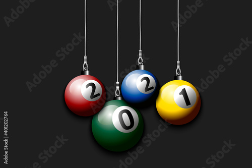 New Year billiard balls 2021 as a Christmas decorations hanging on strings. 2021 balls hang on cords on an isolated background. Design pattern for greeting card. Vector illustration