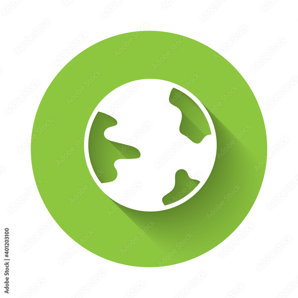 White Worldwide icon isolated with long shadow. Pin on globe. Green circle button. Vector. White Worldwide icon isolated with long shadow. Pin on globe. Green circle button. Vector.