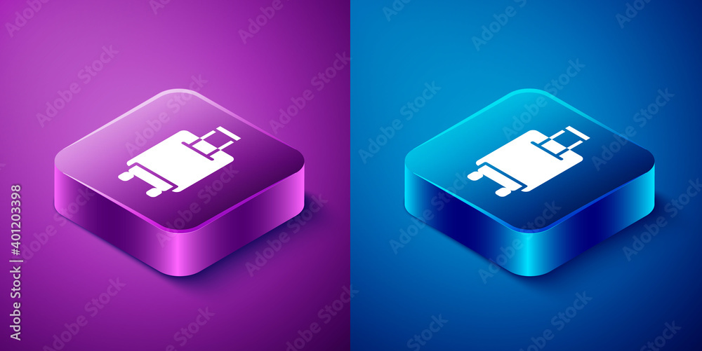 Isometric Suitcase for travel icon isolated on blue and purple background. Traveling baggage sign. Travel luggage icon. Square button. Vector.