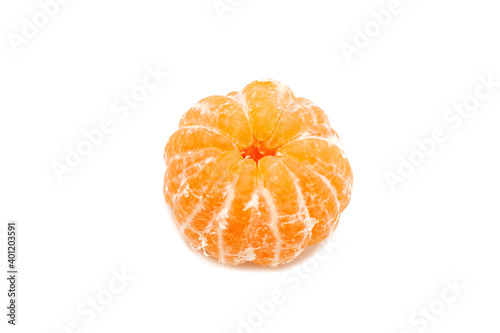 Ripe peeled mandarin on white background