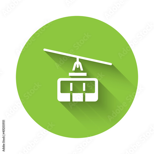 White Cable car icon isolated with long shadow. Funicular sign. Green circle button. Vector.