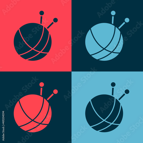 Pop art Yarn ball with knitting needles icon isolated on color background. Label for hand made, knitting or tailor shop. Vector.