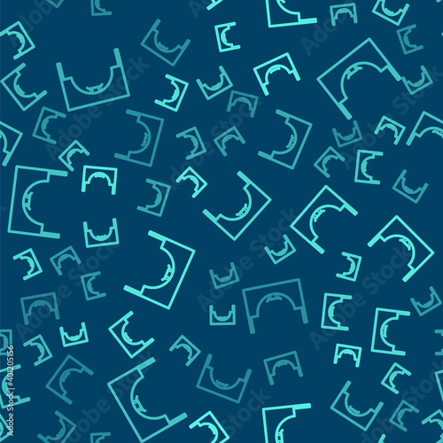 Green line Skate park icon isolated seamless pattern on blue background. Set of ramp, roller, stairs for a skatepark. Extreme sport. Vector Illustration.