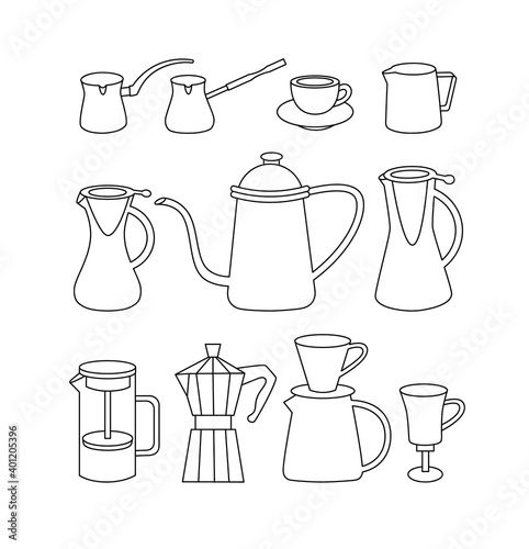 Vector illustration of coffee makers: Cezve, cups, french press, Moka pot, pour-over brewer, pitcher, coffee kettle. Line art. Suitable for coffee shops and an illustration of how to brew coffee.