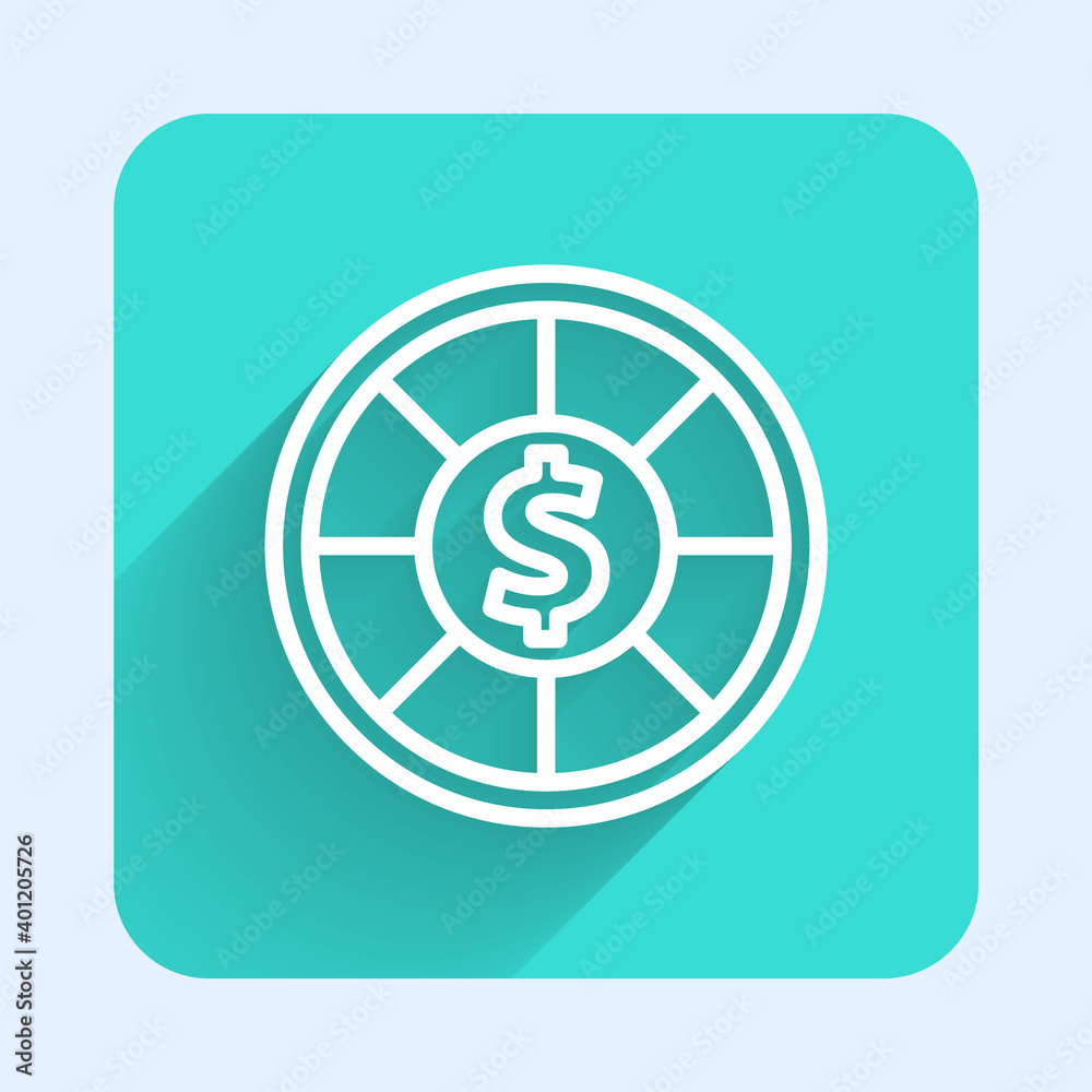 White line Casino chips icon isolated with long shadow. Casino gambling. Green square button. Vector Illustration. White line Casino chips icon isolated with long shadow. Casino gambling. Green square button. Vector Illustration.
