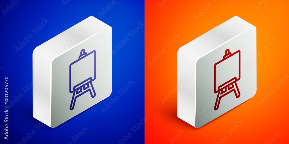 Isometric line Wood easel or painting art boards icon isolated on blue and orange background. Silver square button. Vector Illustration. Isometric line Wood easel or painting art boards icon isolated on blue and orange background. Silver square button. Vector Illustration.