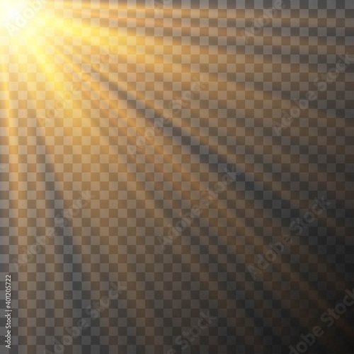 Sunlight or sun beams isolated on transparent background. Yellow sun rays and glow. Glowing light burst. Flare effect decoration with ray sparkles.