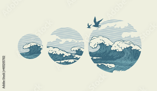 Decorative illustration of hand-drawn sea waves inside circles and flying seagulls on a black background. Vector banner in retro style on the theme of travel, adventure and discovery