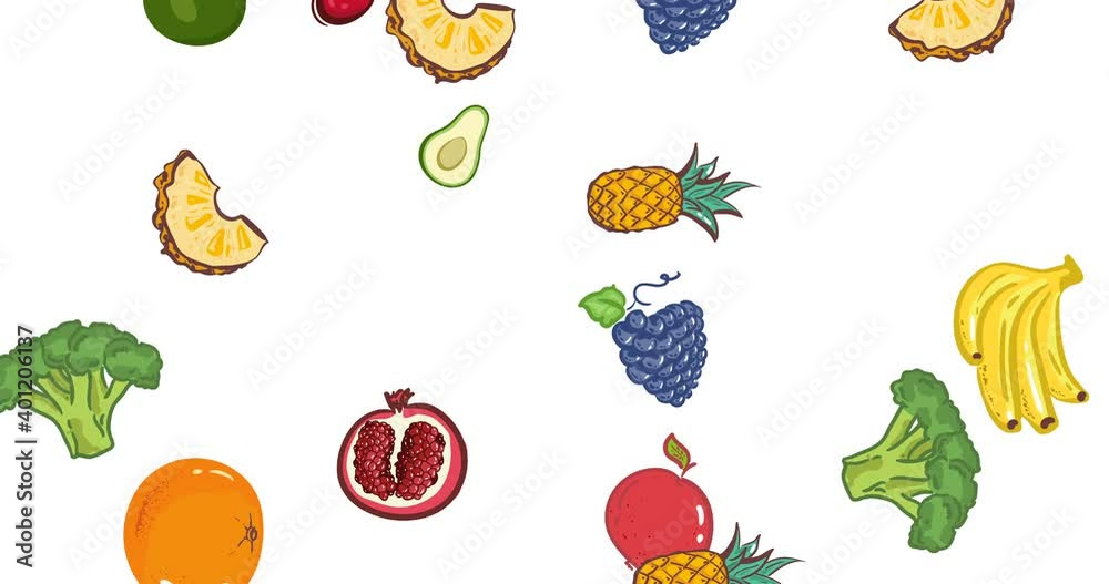 Animated background with Fruits on white background decorative, abstract pattern animation. video. apple, broccoli, pomegranate, orange, plum, avocado, banana, grapes Cover design. stock footage 4k Animated background with Fruits on white background decorative, abstract pattern animation. video. apple, broccoli, pomegranate, orange, plum, avocado, banana, grapes Cover design. stock footage 4k