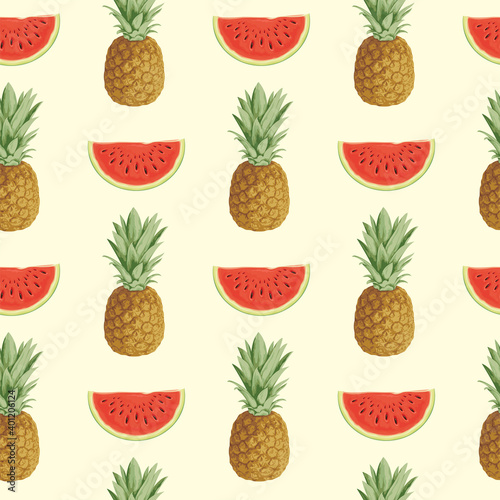 Seamless pattern with whole pineapple fruit and juicy watermelon slices on a light backdrop. Summer vector background with sweet watermelon chunks and pineapples. Wallpaper, wrapping paper, fabric