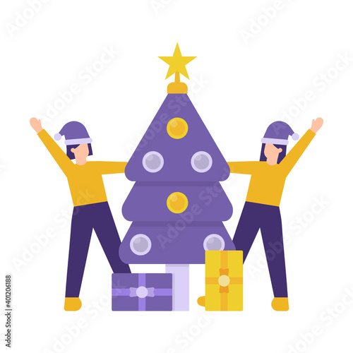 celebration of christmas day. illustration of two women celebrating a party beside a Christmas tree and gifts. Merry Christmas. women's group or team. flat style. design elements