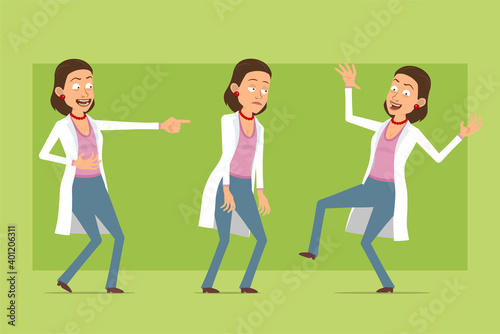 Cartoon flat funny doctor woman character in white uniform. Girl sad, tired, laughing and dance. Ready for animation. Isolated on green background. Vector set.