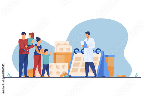 Doctor prescribing drug to happy family. Pediatrician, parents, kids flat vector illustration. Pharmacy, examination, treatment concept for banner, website design or landing web page