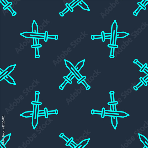 Green line Crossed medieval sword icon isolated seamless pattern on blue background. Medieval weapon. Vector.