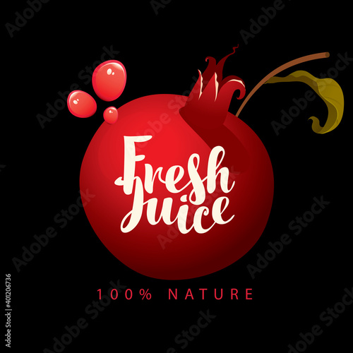 Vector banner or label with a ripe juicy pomegranate, green leaves, red juice drops and a calligraphic inscription Fresh juice on a black background