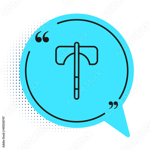 Black line Medieval axe icon isolated on white background. Battle axe, executioner axe. Medieval weapon. Blue speech bubble symbol. Vector.