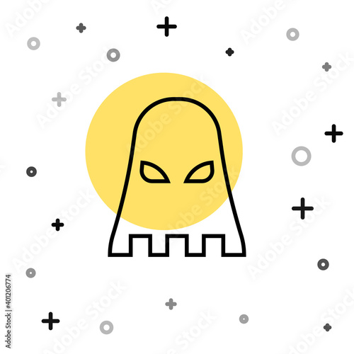 Black line Executioner mask icon isolated on white background. Hangman, torturer, executor, tormentor, butcher, headsman icon. Random dynamic shapes. Vector.