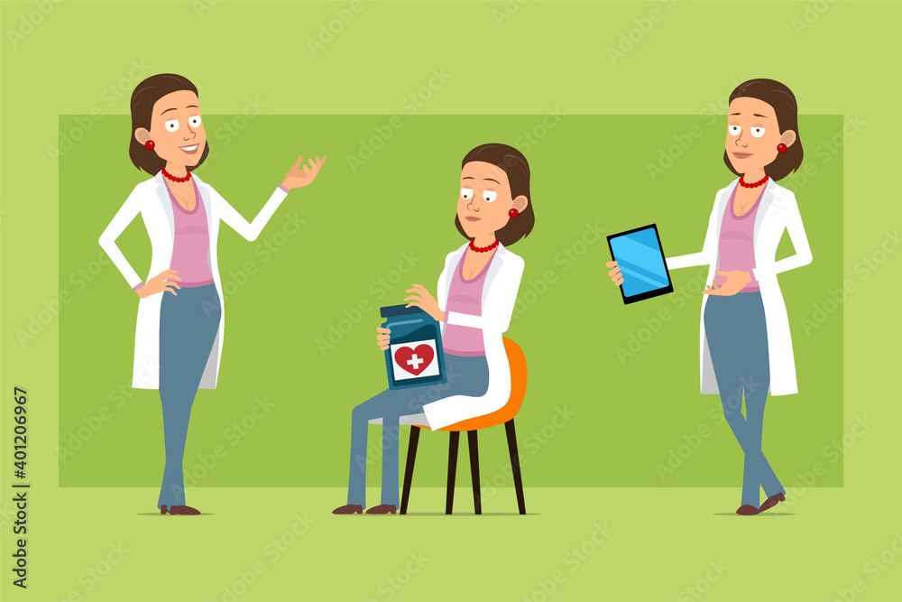 Obraz premium Cartoon flat funny doctor woman character in white uniform. Girl posing, holding medical jar and smart tablet. Ready for animation. Isolated on green background. Vector set.