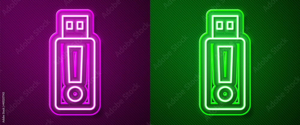 Glowing neon line USB flash drive icon isolated on purple and green background. Vector. Glowing neon line USB flash drive icon isolated on purple and green background. Vector.